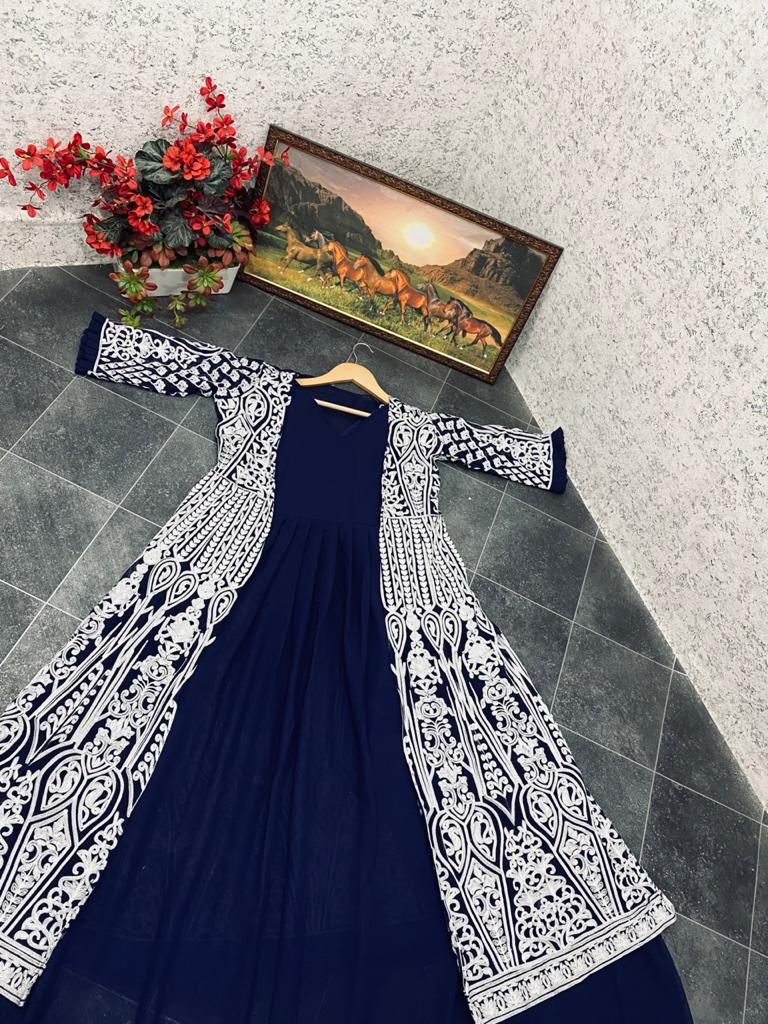 Latest Stunning Koti With Long Designer Georgette Embroidered Gown