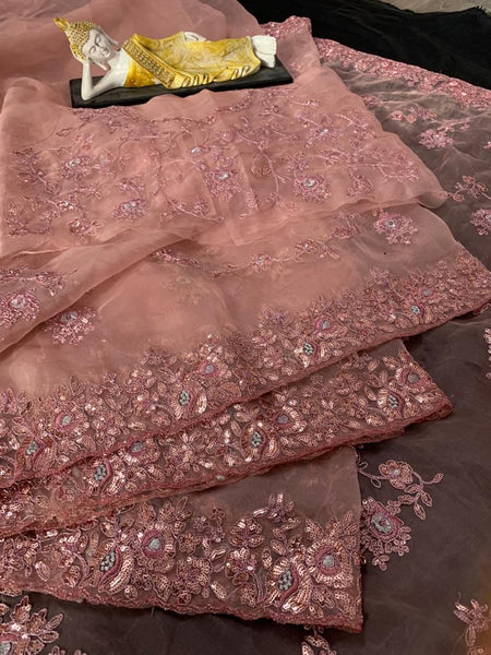 Peach Color Organza Silk Saree with blouse For women