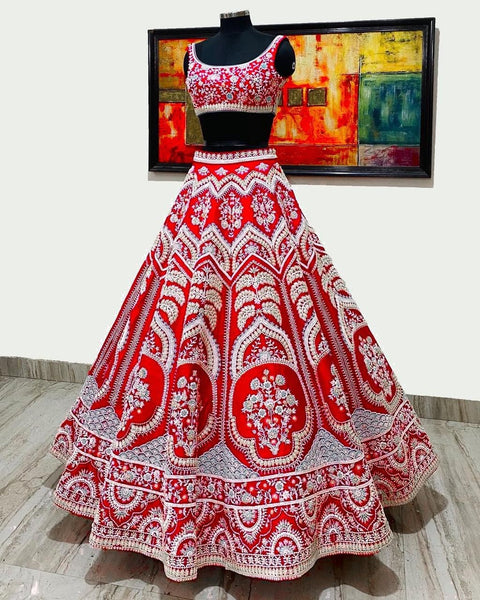 Red Embroidered Designer Silk Lehenga Choli For Women