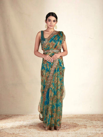 Sea Green Color Designer Party Wear Organza Saree Blouse For women