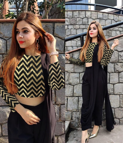 Black Color Party Wear Jacquard Full Stitched Indo Western for women