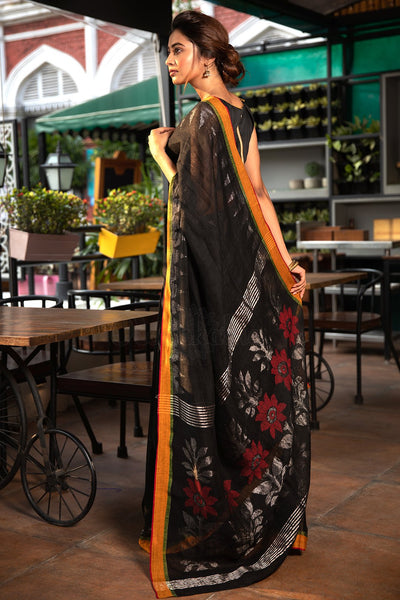 Astounding Black Colored Linen Saree With Blouse