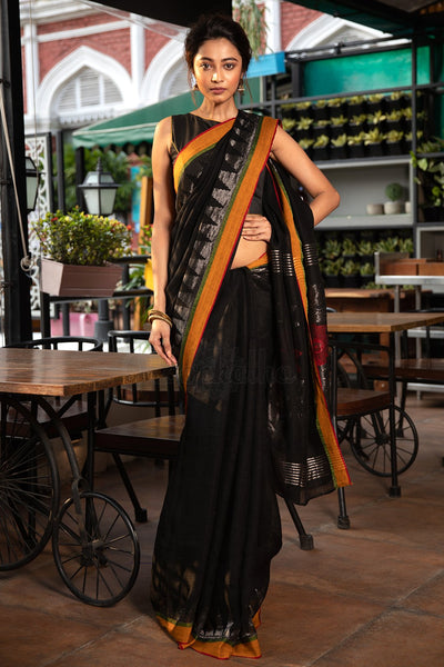 Astounding Black Colored Linen Saree With Blouse