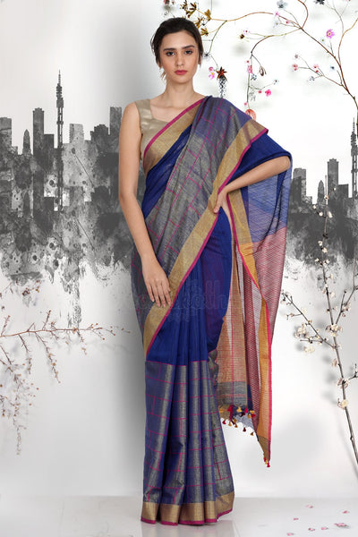Attractive Blue Pure Linen Designer Saree For Women