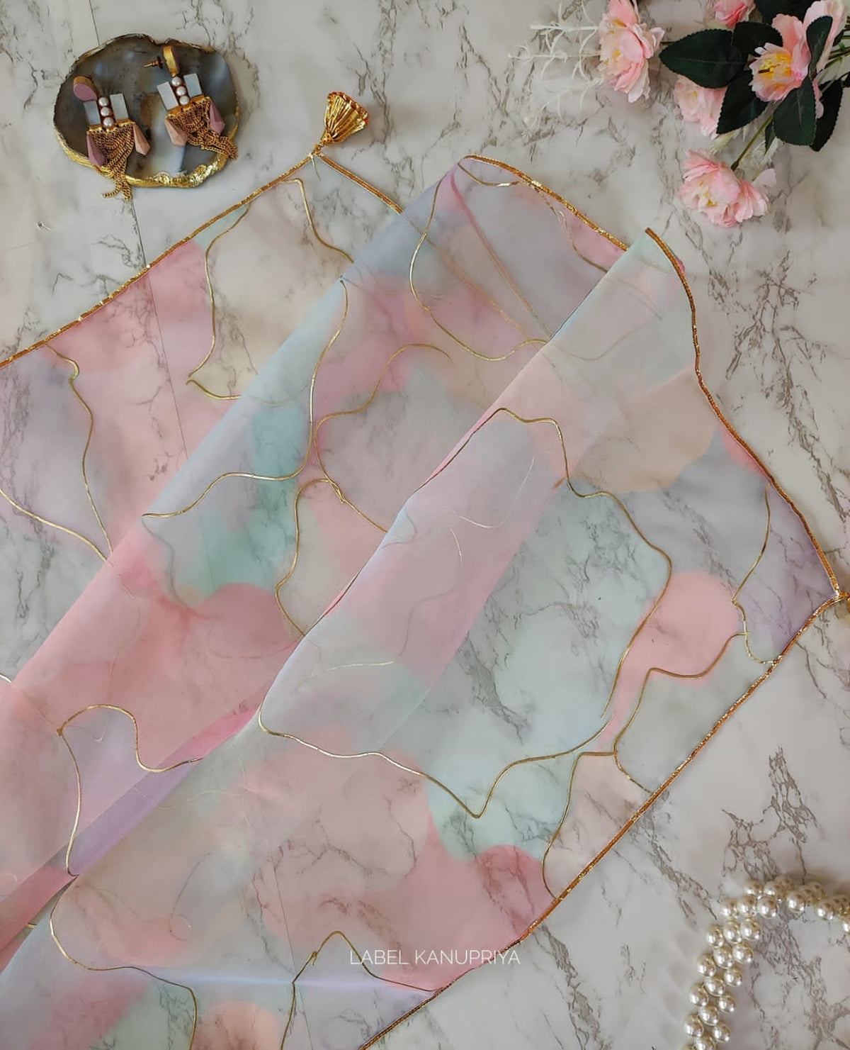 Party Wear Multi Color Foil Hand Work Printed Organza Silk Saree Blouse