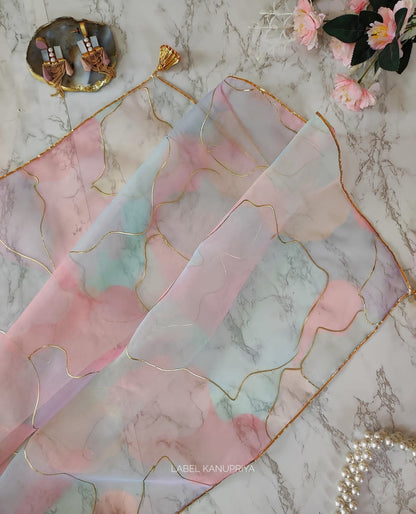 Party Wear Multi Color Foil Hand Work Printed Organza Silk Saree Blouse