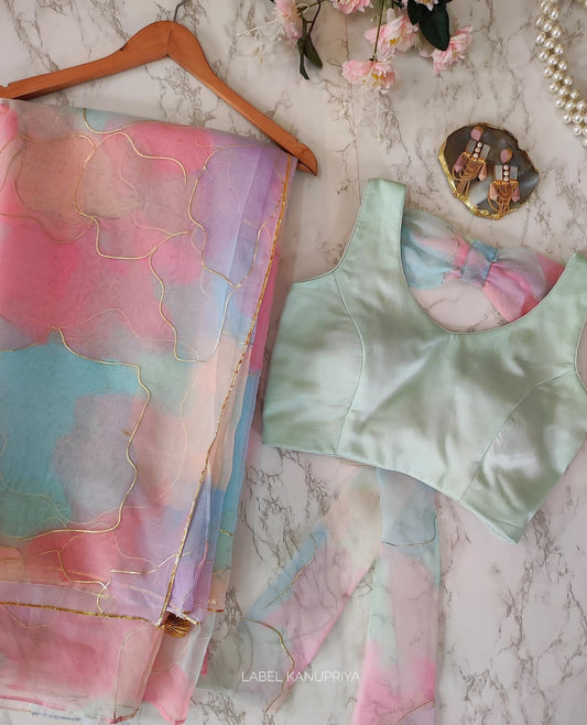 Party Wear Multi Color Foil Hand Work Printed Organza Silk Saree Blouse