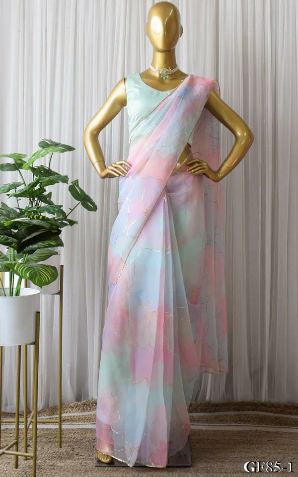 Party Wear Multi Color Foil Hand Work Printed Organza Silk Saree Blouse