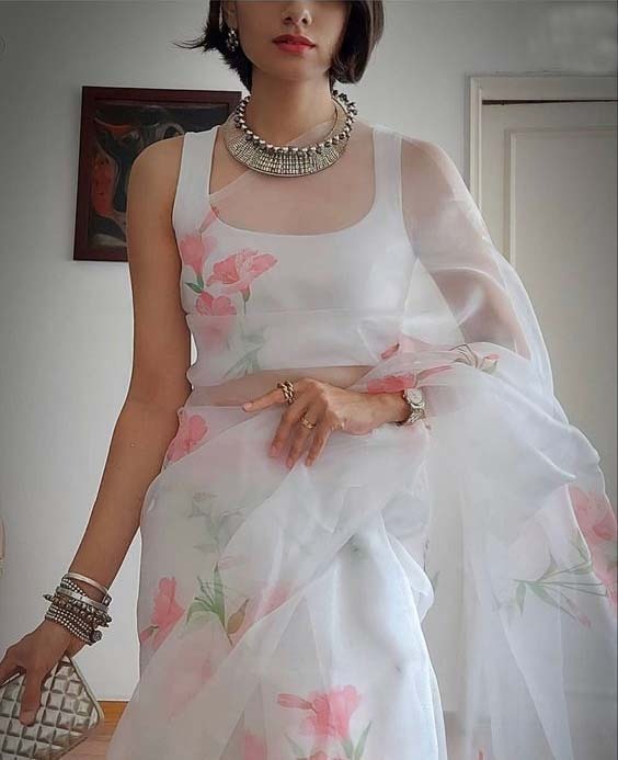 Stupendous White Color Organza Flower Printed Design Saree Blouse