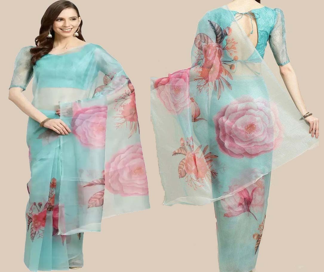 Dazzling Firozi Color Flower Printed Organza Saree For Women