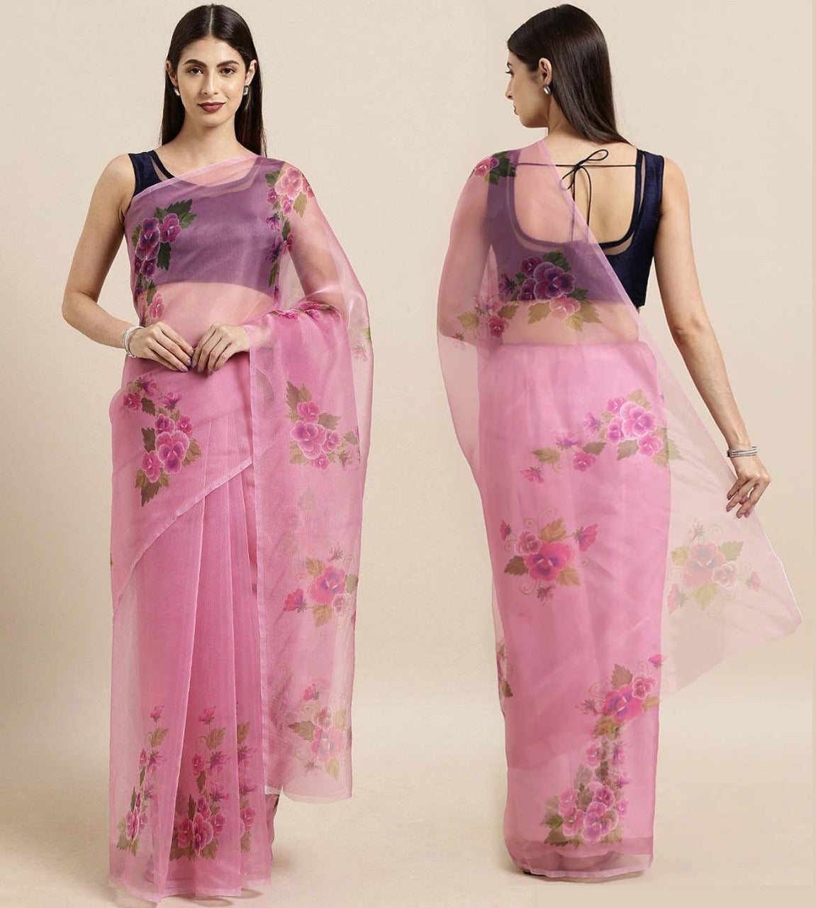 Wonderful Violet Color Organza Flower Printed Saree Blouse