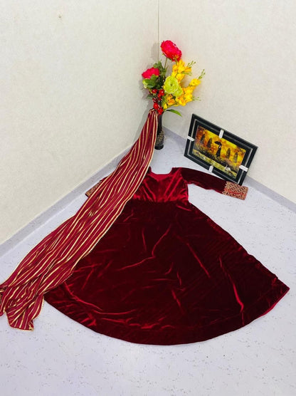 Maroon Color Velvet Embroidered Gown With Dupatta For Women
