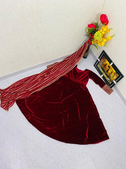Maroon Color Velvet Embroidered Gown With Dupatta For Women