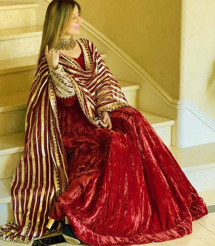Maroon Color Velvet Embroidered Gown With Dupatta For Women