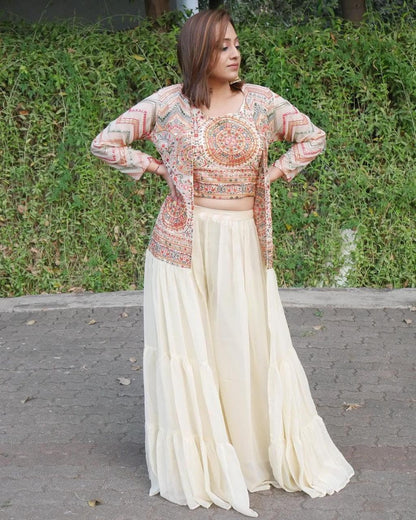 Fantastic Cream Color Top Plazo Koti Suit For Party Wear