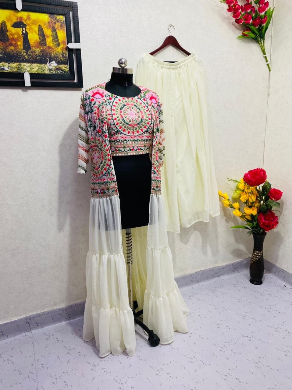 Fantastic Cream Color Top Plazo Koti Suit For Party Wear