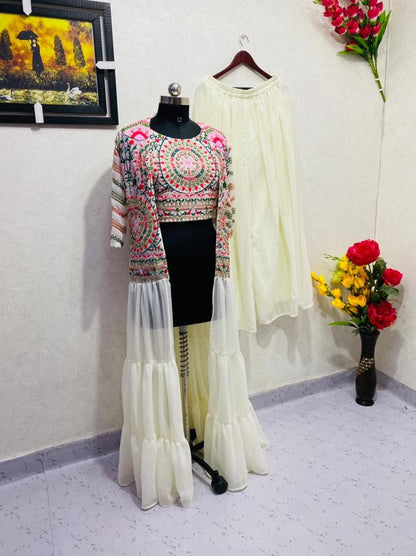 Fantastic Cream Color Top Plazo Koti Suit For Party Wear
