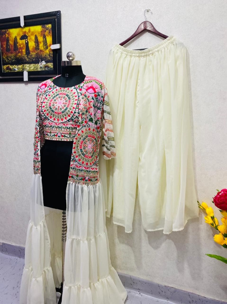 Fantastic Cream Color Top Plazo Koti Suit For Party Wear