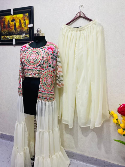 Fantastic Cream Color Top Plazo Koti Suit For Party Wear