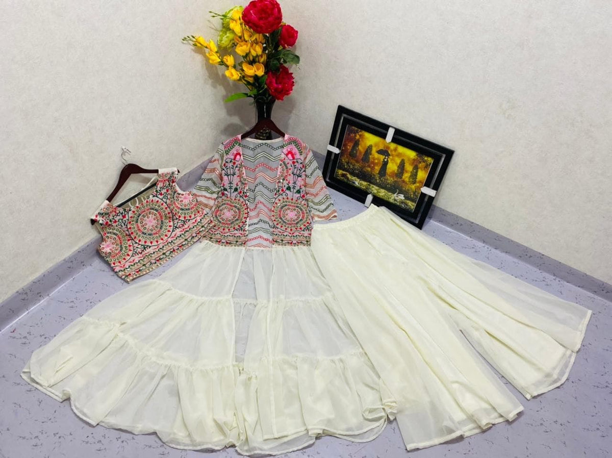 Fantastic Cream Color Top Plazo Koti Suit For Party Wear