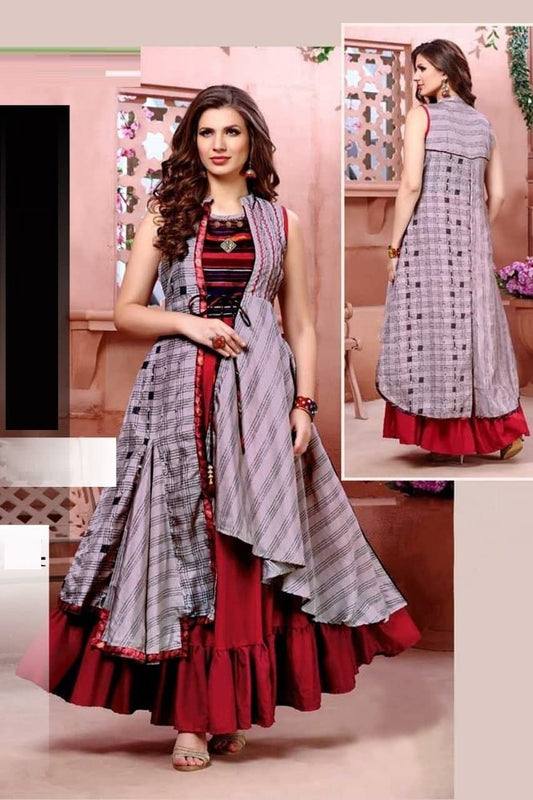 Party Wear Printed Long Rayon Double Layer Gown