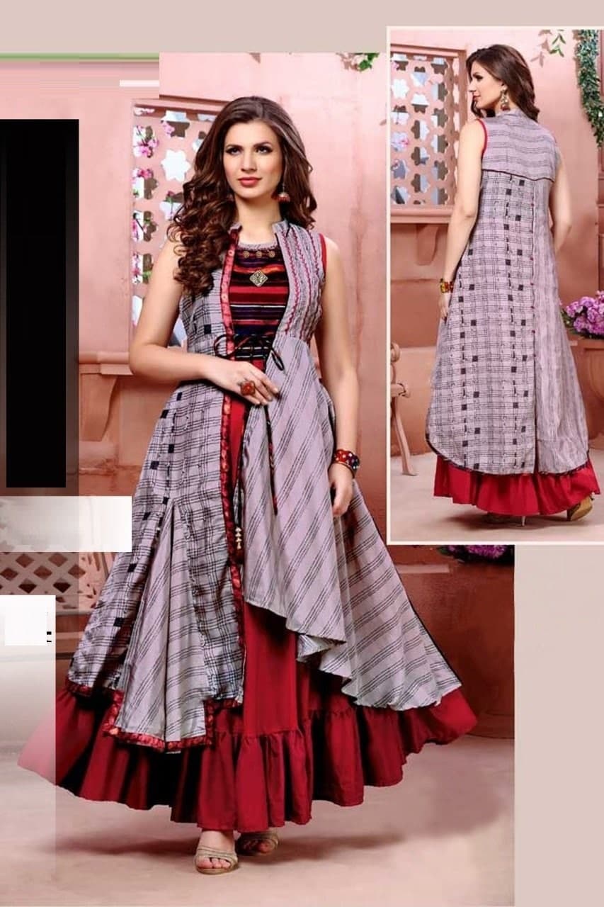 Red gown with dual layer pattern - Dress me Royal