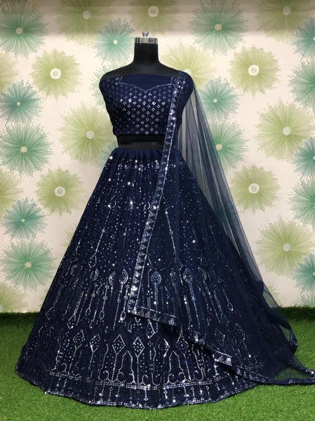 Navy Blue Color Embroidered Lehenga For Women