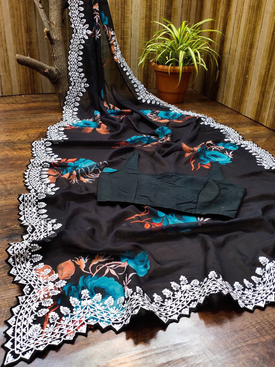 Black Color Digital Print with border Saree