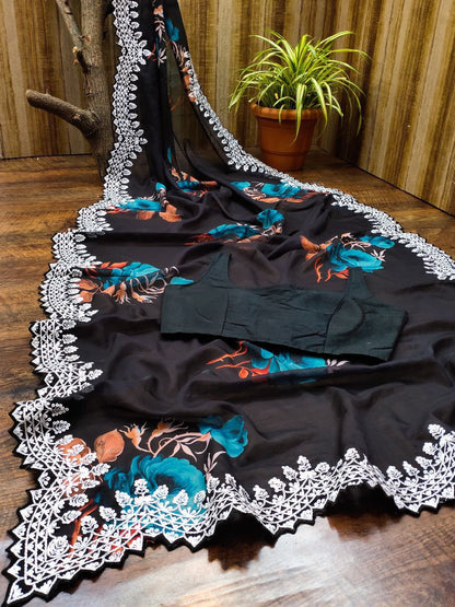 Black Color Digital Print with border Saree
