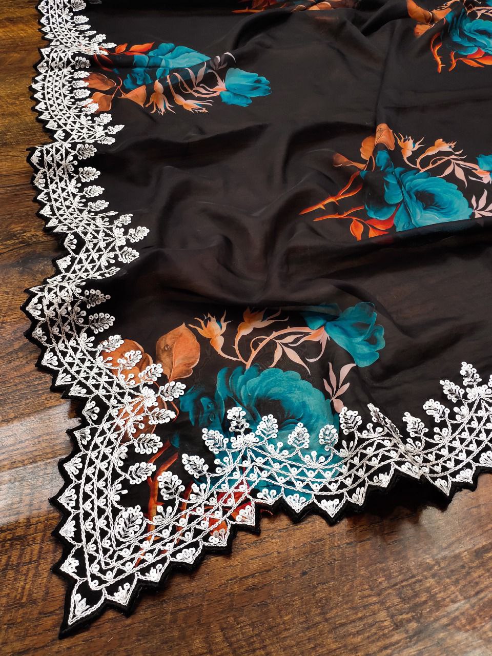 Black Color Digital Print with border Saree