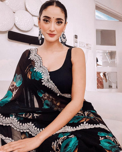 Black Color Digital Print with border Saree