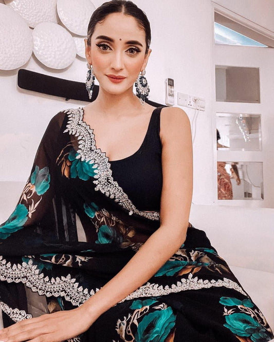 Black Color Digital Print with border Saree