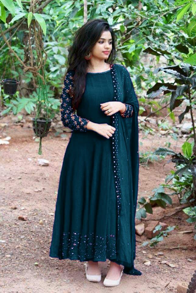 Party wear Embroidery work gown with Lock Moti Dupatta