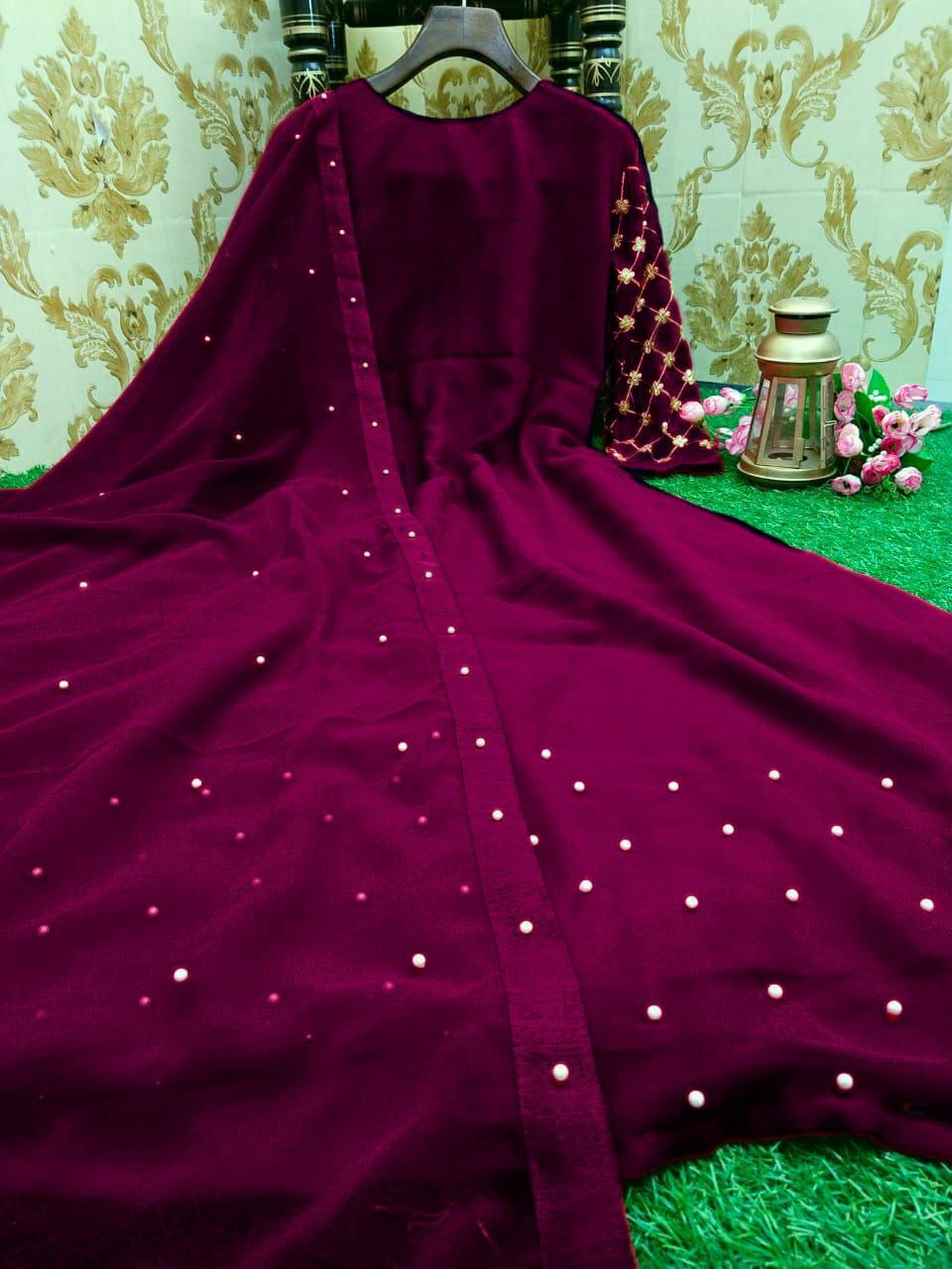 Party wear Embroidery work gown with Lock Moti Dupatta