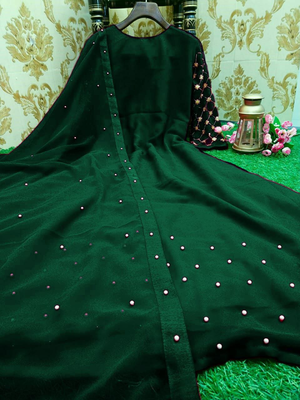 Party wear Embroidery work gown with Lock Moti Dupatta