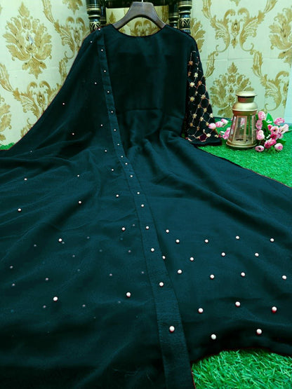 Party wear Embroidery work gown with Lock Moti Dupatta