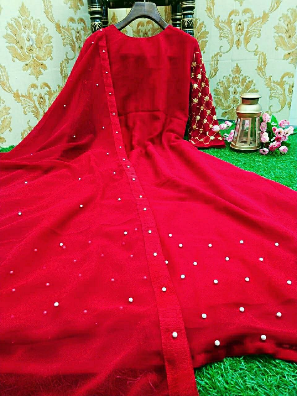 Party wear Embroidery work gown with Lock Moti Dupatta