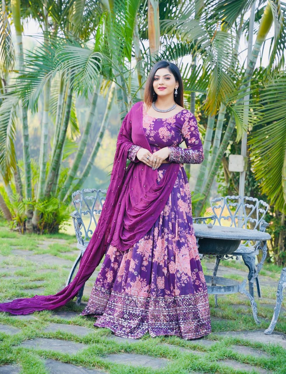 Georgette Dulhan Purple color embroidered Lehenga