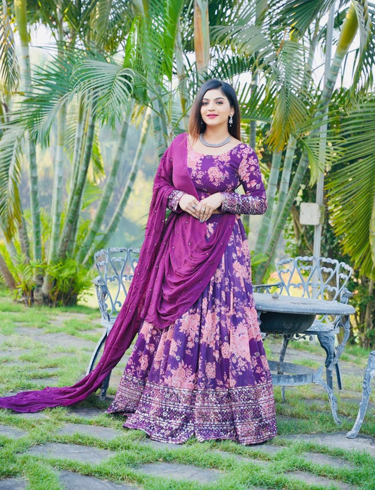 Georgette Dulhan Purple color embroidered Lehenga