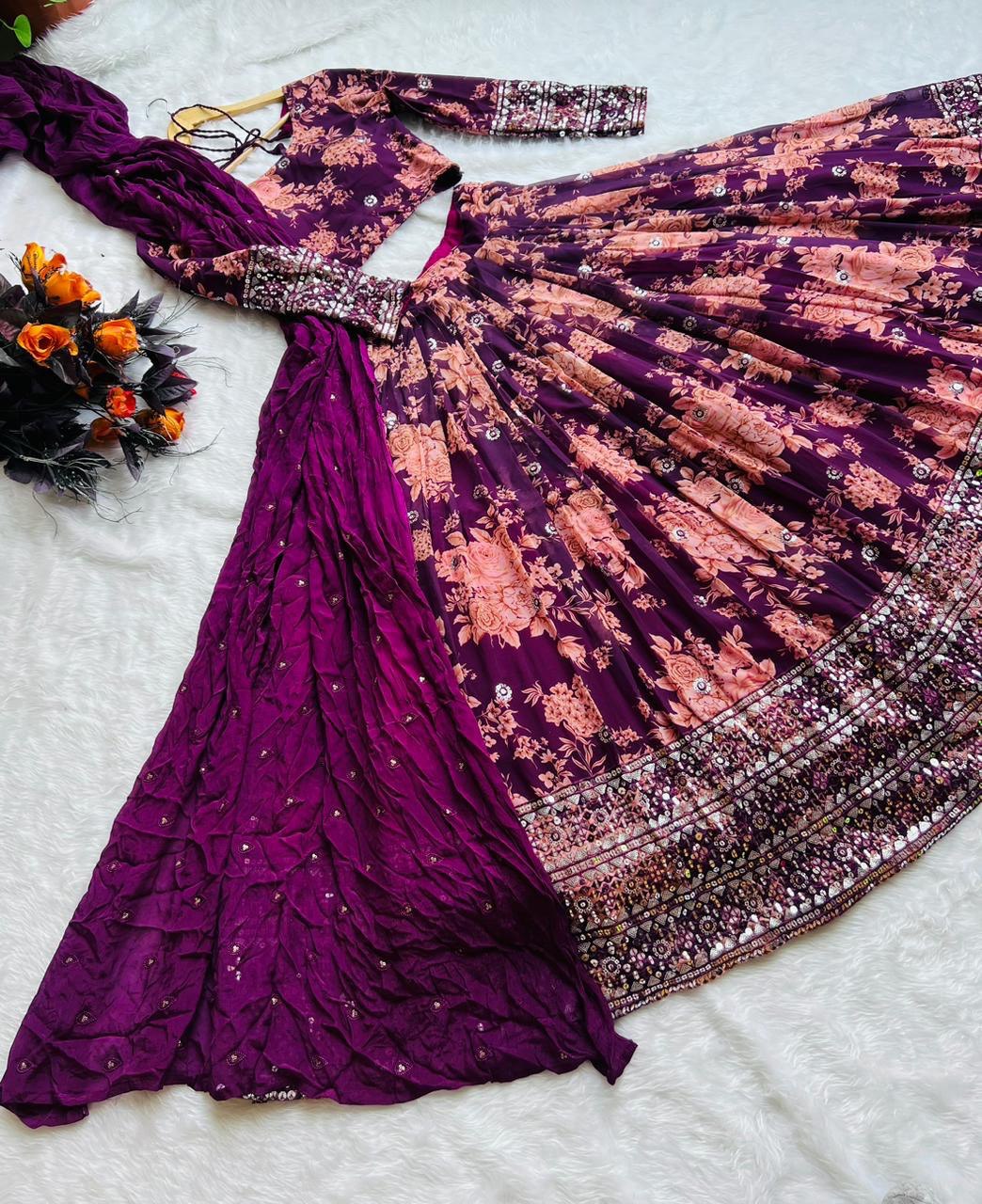 Georgette Dulhan Purple color embroidered Lehenga