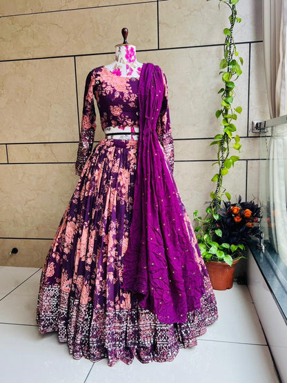Georgette Dulhan Purple color embroidered Lehenga