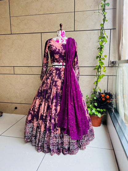 Georgette Dulhan Purple color embroidered Lehenga