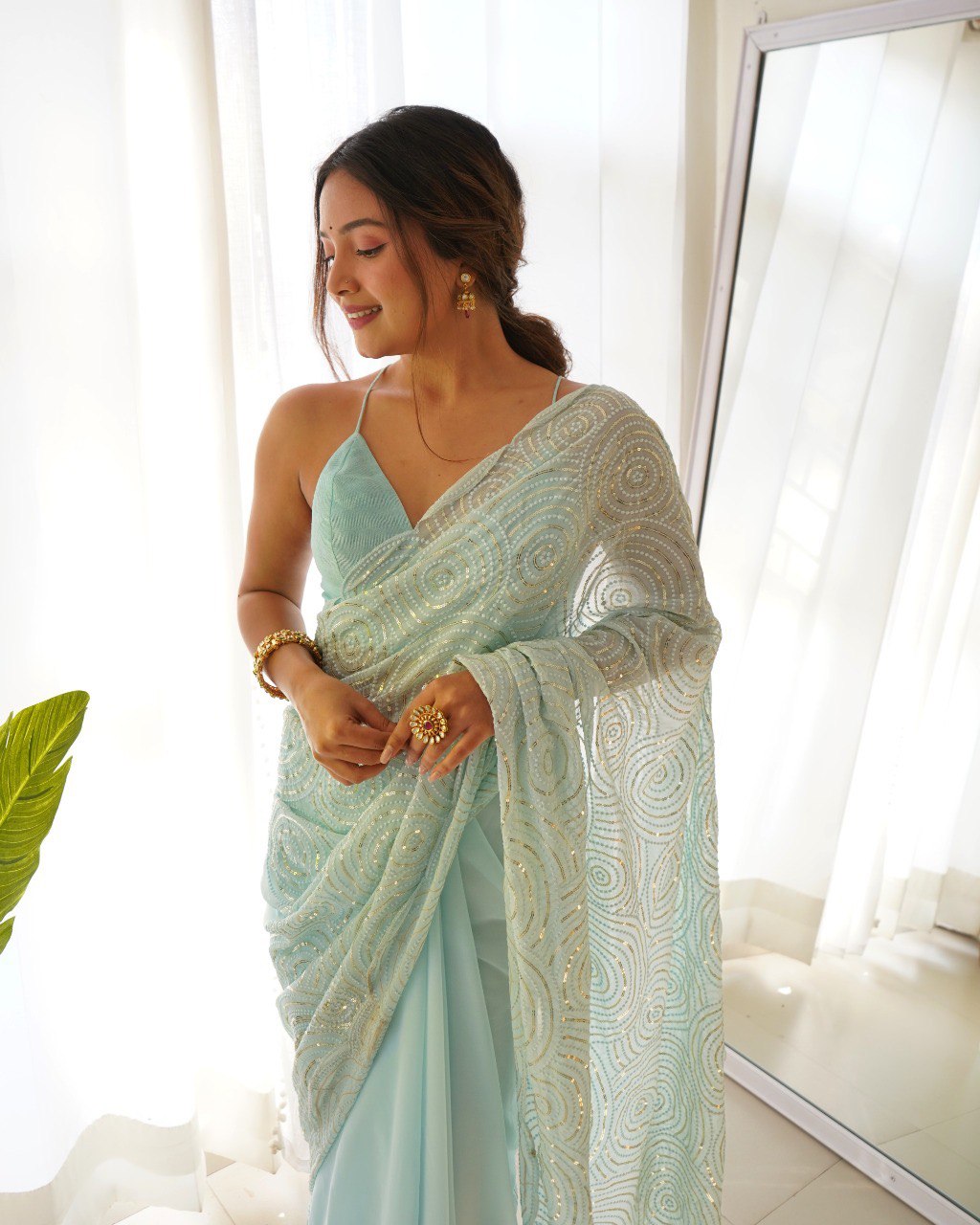 Trending Georgette Sequence Threads Embroidered Work Saree