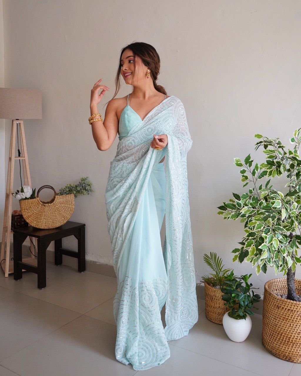 Trending Georgette Sequence Threads Embroidered Work Saree