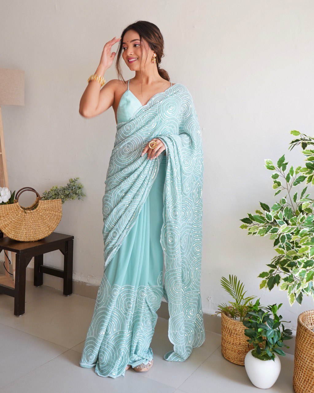 Trending Georgette Sequence Threads Embroidered Work Saree