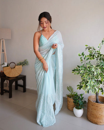 Trending Georgette Sequence Threads Embroidered Work Saree