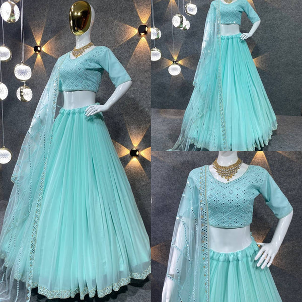 Light Cyan Colour Embroidered Attractive Party Wear Georgette Lehenga Choli