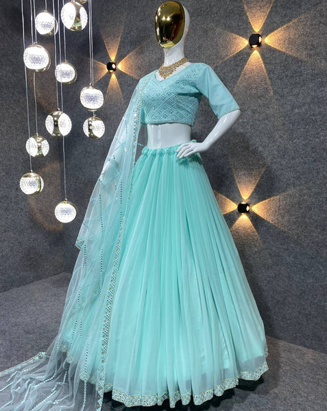 Light Cyan Colour Embroidered Attractive Party Wear Georgette Lehenga Choli