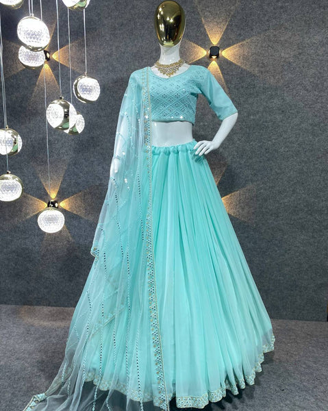 Light Cyan Colour Embroidered Attractive Party Wear Georgette Lehenga Choli