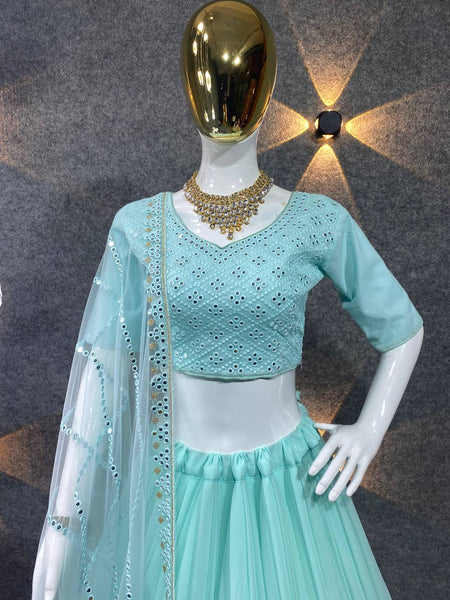 Light Cyan Colour Embroidered Attractive Party Wear Georgette Lehenga Choli